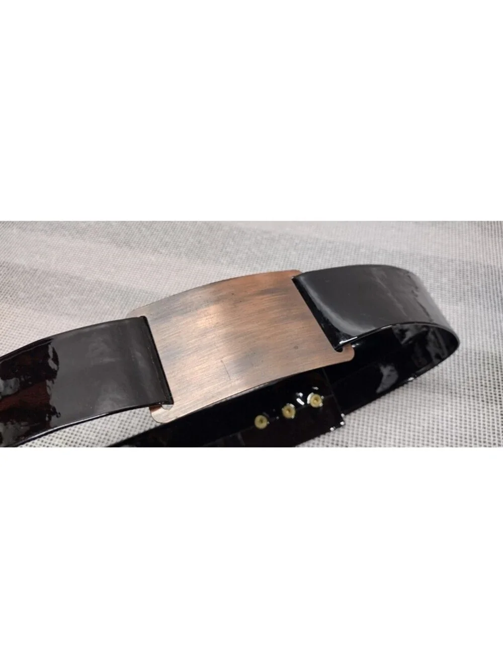 Black Patent Leather Belt Cinch Waist 28 Mod Pleather Vinyl Copper Wide Buckle